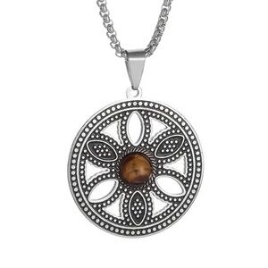 Stainless Steel Round Pendant Necklace with Tiger Eye Stone – Spiritual Jewelry